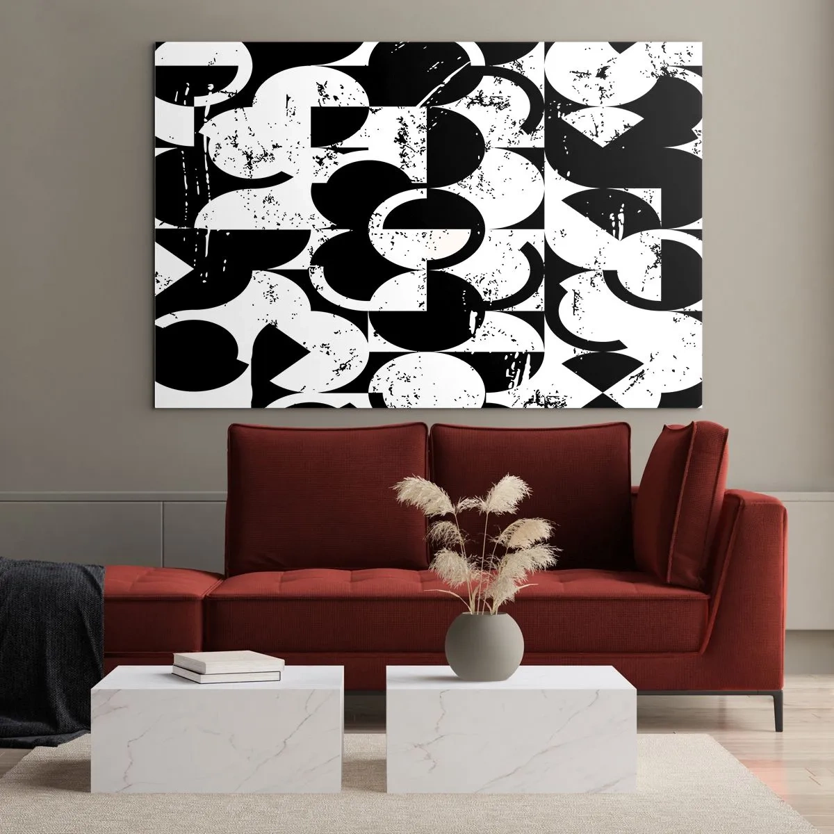 Tablou pe sticlă - Model geometric în forme contrastante alb-negru - 70x50cm - Albul e alb și negrul e negru - Decorațiune modernă pentru perete pentru living și dormitor ARTTOR