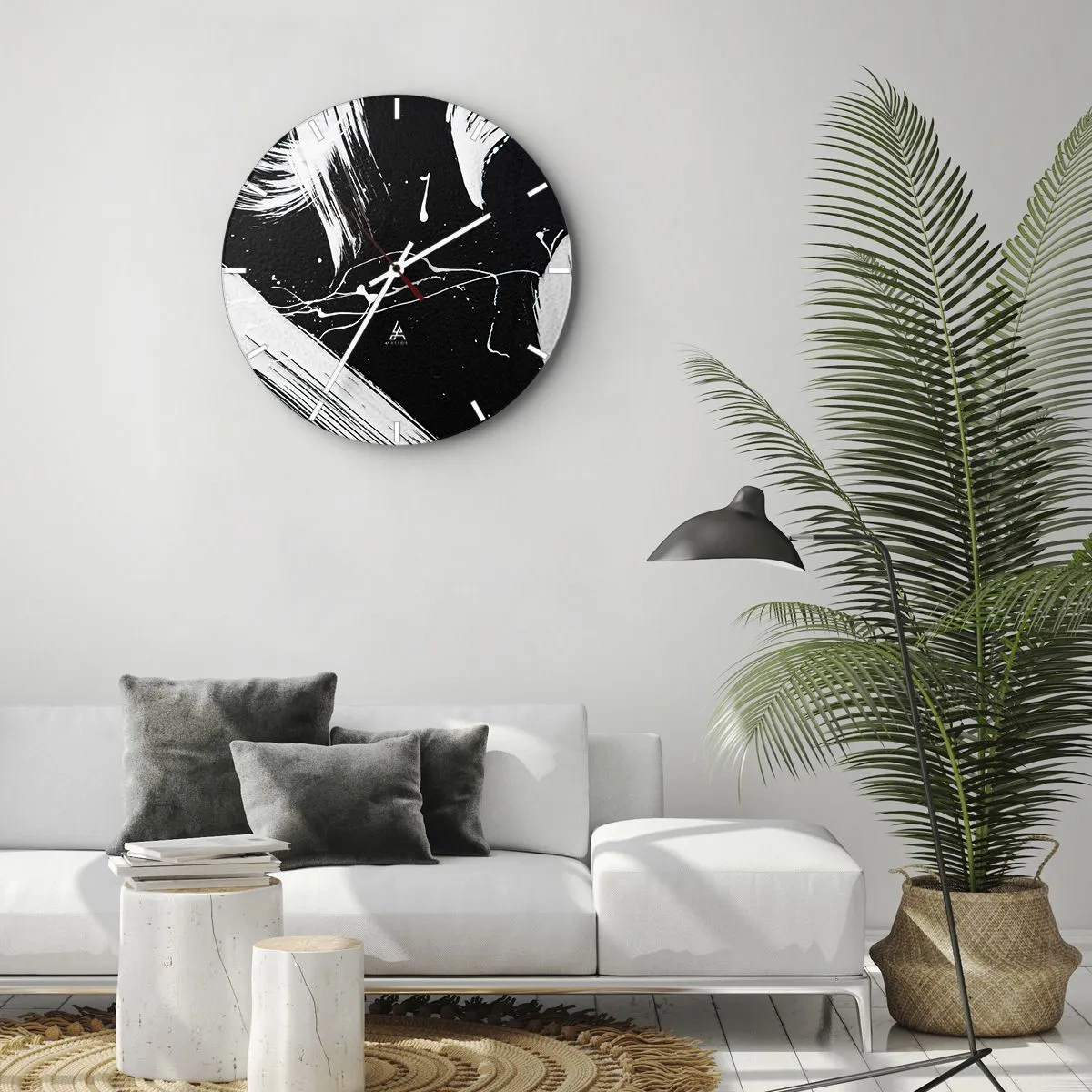 Ceas de perete - Ceas pe sticlă - Abstracție alb-negru cu tușe dinamice de vopsea - 30x30cm - Abisul întunericului - Decorațiune modernă pentru perete pentru living, bucătărie și dormitor ARTTOR