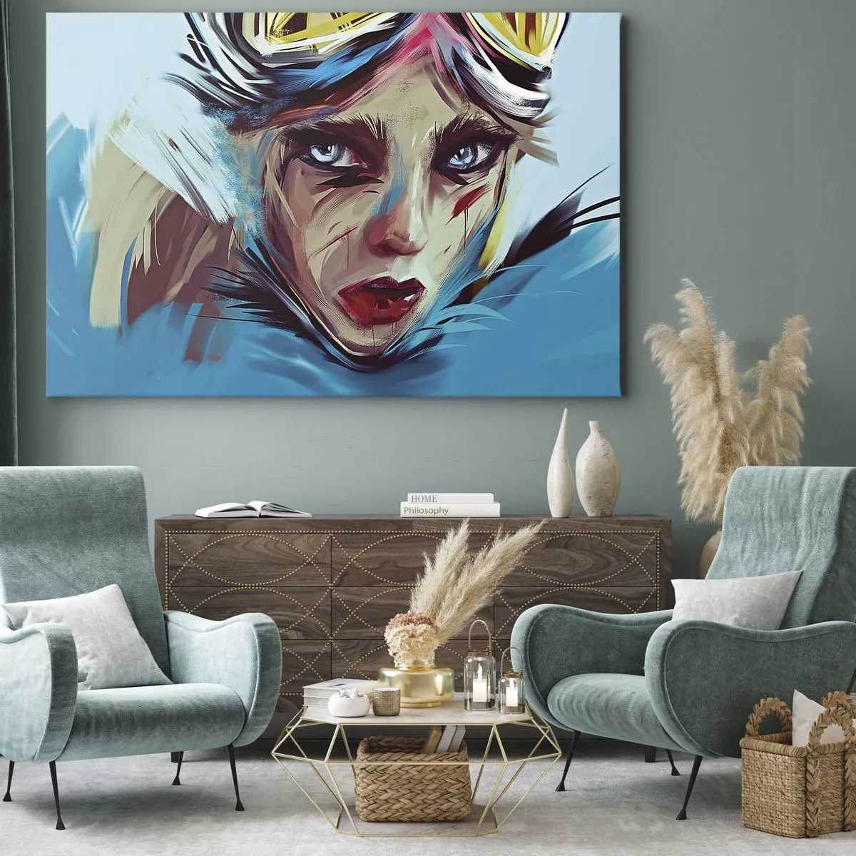 Tablou pe pânză Canvas - Portret de femeie în culori dinamice și stil abstract - 70x50cm - Războinica de drum - Decorațiune modernă pentru perete pentru living și dormitor ARTTOR