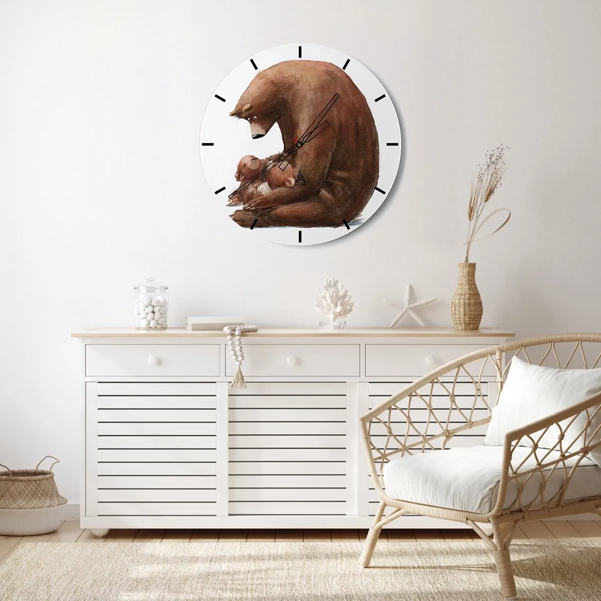 Ceas de perete - Ceas pe sticlă - Un ursuleț de pluș îmbrățișând doi ursuleți pe un fundal alb - 30x30cm - Vise plăcute, copii - Decorațiune modernă pentru perete pentru living, bucătărie și dormitor ARTTOR