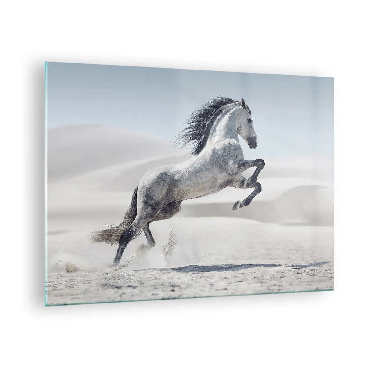 Tablou pe sticlă - Un cal alb sărind pe fundalul dunelor deșertice - 70x50cm - Prinț arab - Decorațiune modernă pentru perete pentru living și dormitor ARTTOR
