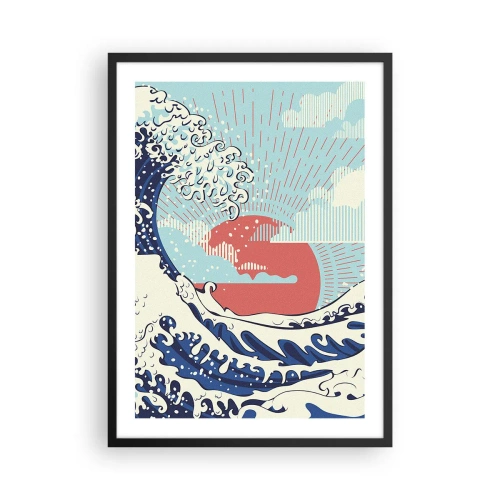 Poster în ramă neagră - Val grafic de inspirație japoneză cu un soare roșu - 50x70cm - Din inspirații japoneze - Decorațiune modernă pentru perete pentru living și dormitor ARTTOR
