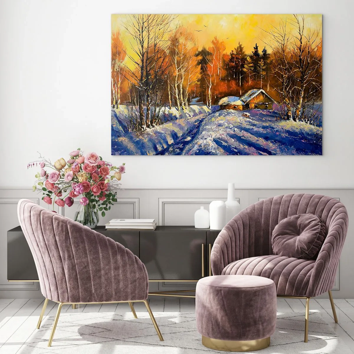 Tablou pe sticlă - Peisaj de iarnă cu o căsuță din lemn la apus - 70x50cm - Impresie de iarnă în soare - Decorațiune modernă pentru perete pentru living și dormitor ARTTOR