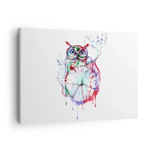 Tablou pe pânză Canvas - Bufniță colorată în acuarelă, într-un stil artistic - 70x50cm - Deșteaptă prin natura - Decorațiune modernă pentru perete pentru living și dormitor ARTTOR