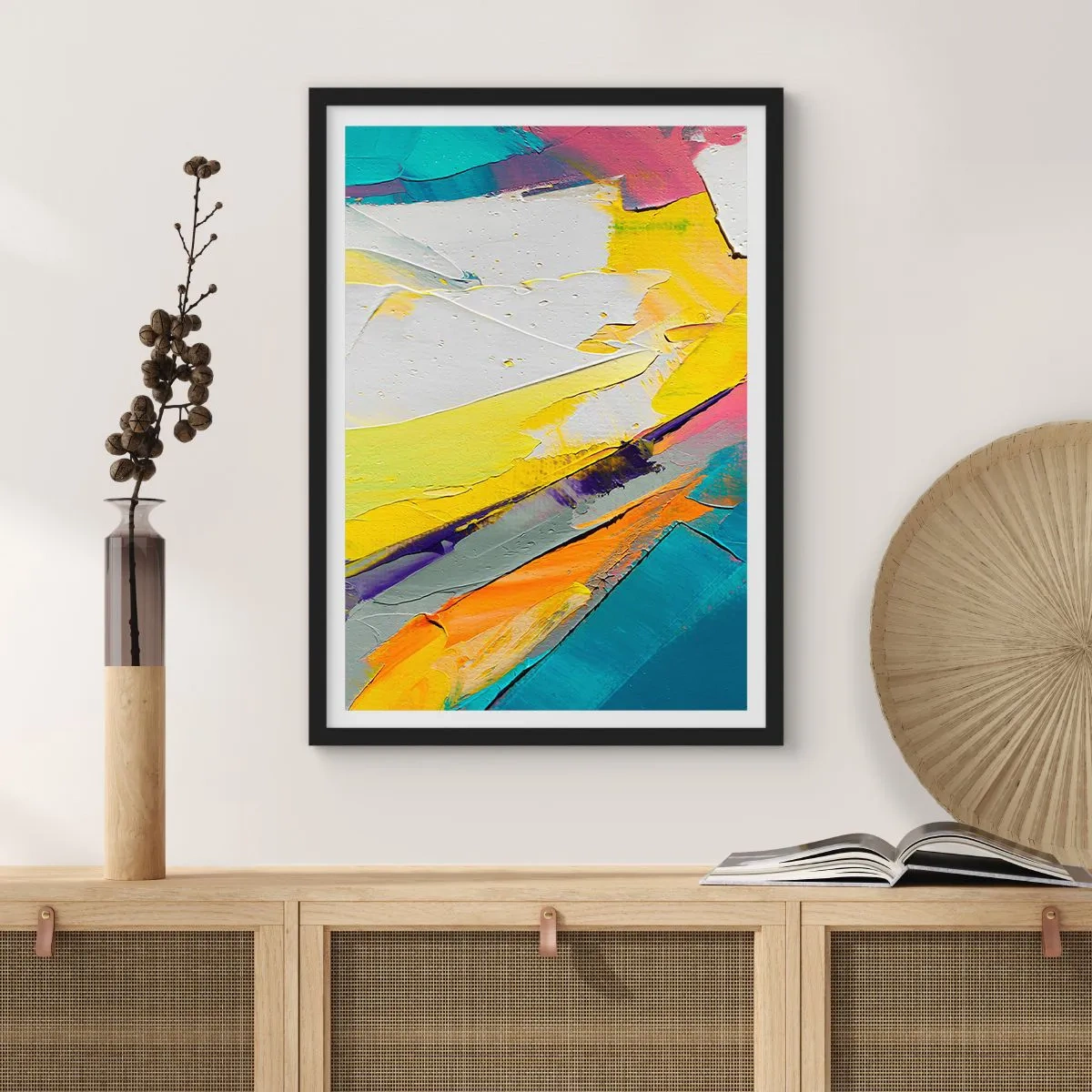 Poster în ramă neagră - O pictură abstractă cu culori dinamice în tonuri deschise. - 50x70cm - Anatomia luminii - Decorațiune modernă pentru perete pentru living și dormitor ARTTOR