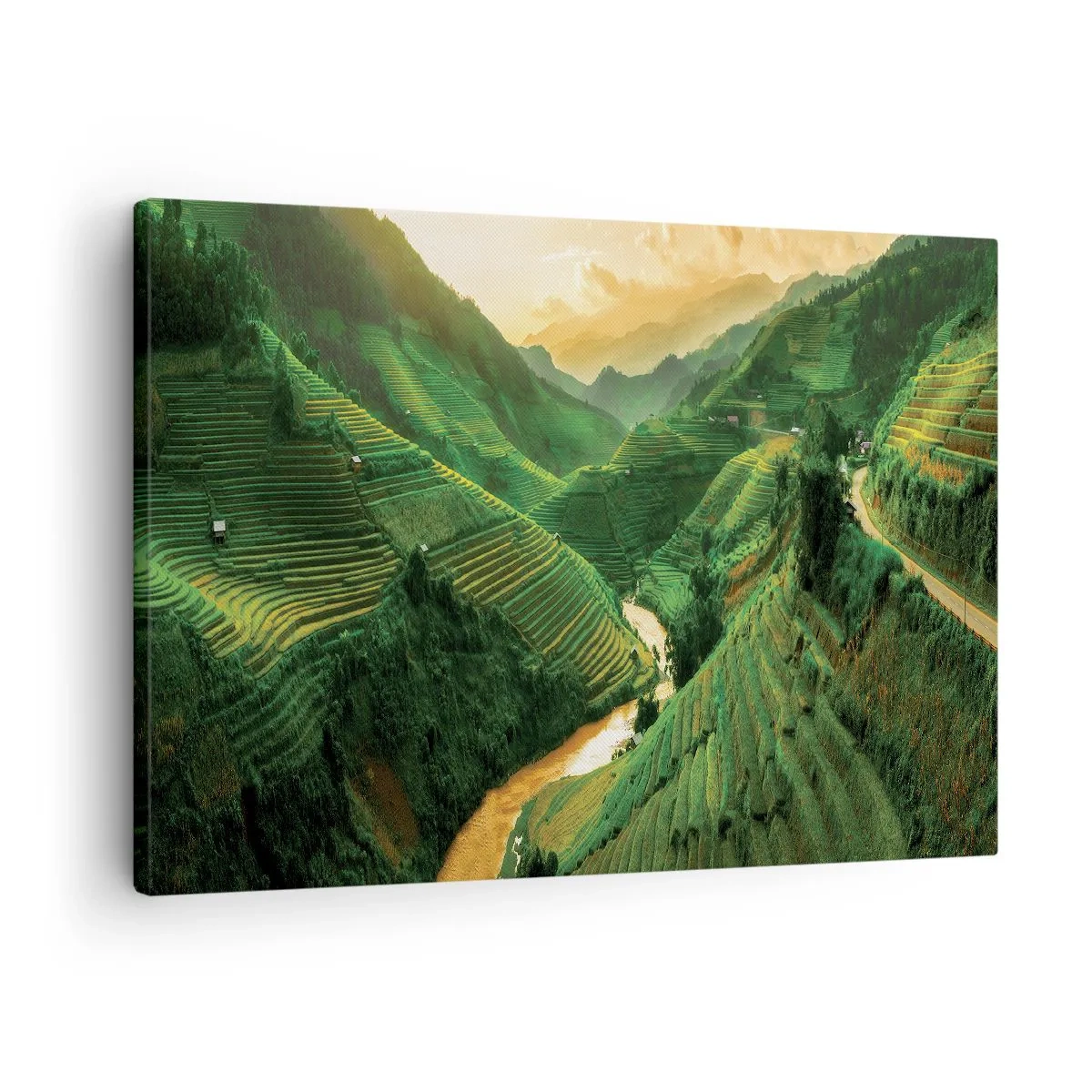 Tablou pe pânză Canvas - Terase de orez pitorești într-o vale verde iluminată de soarele apus - 70x50cm - Valea vietnameză - Decorațiune modernă pentru perete pentru living și dormitor ARTTOR
