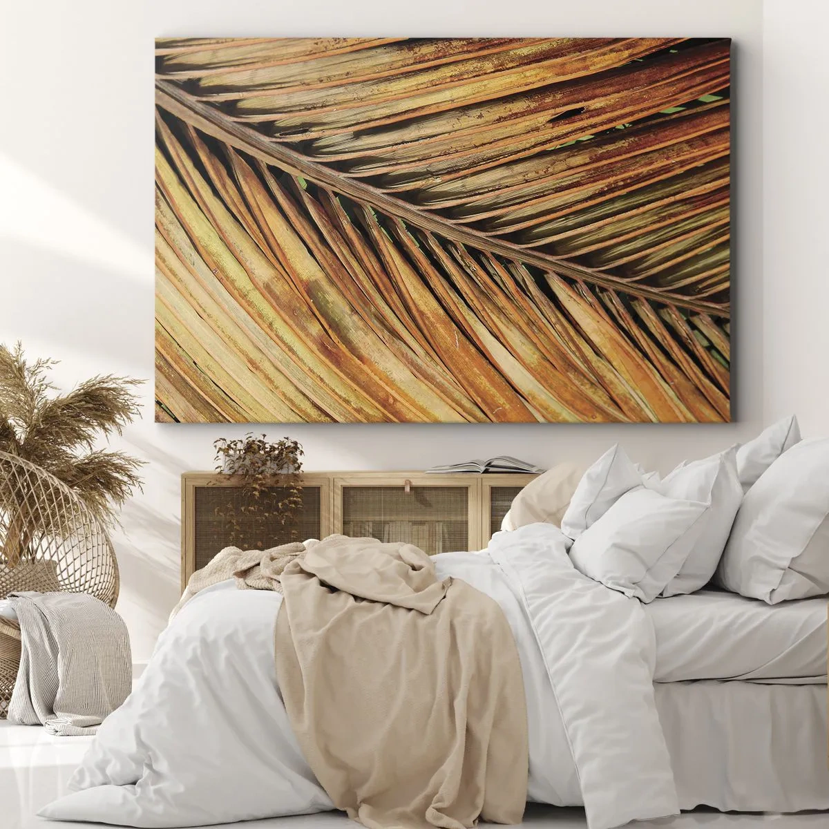 Tablou pe pânză Canvas - Prim-plan al unei frunze de palmier uscate în tonuri calde - 70x50cm - Aur de nucă de cocos - Decorațiune modernă pentru perete pentru living și dormitor ARTTOR