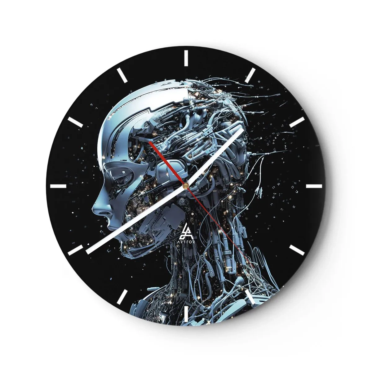Ceas de perete - Ceas pe sticlă - Profilul unui robot umanoid realizat din cabluri futuriste - 30x30cm - Tehnologia este o femeie - Decorațiune modernă pentru perete pentru living, bucătărie și dormitor ARTTOR