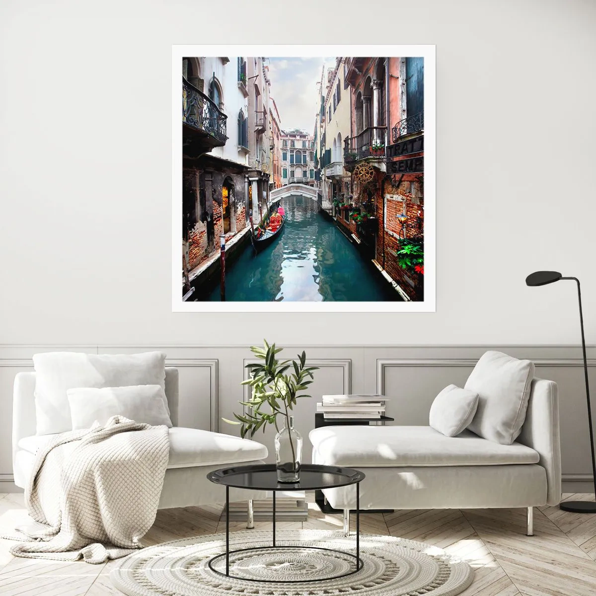 Poster - Peisaj venețian cu gondolă și pod - 40x40 cm