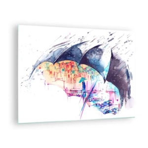 Tablou pe sticlă - Un oraș colorat în fundal sub o umbrelă neagră - 70x50cm - Plimbare în ploaie - Decorațiune modernă pentru perete pentru living și dormitor ARTTOR