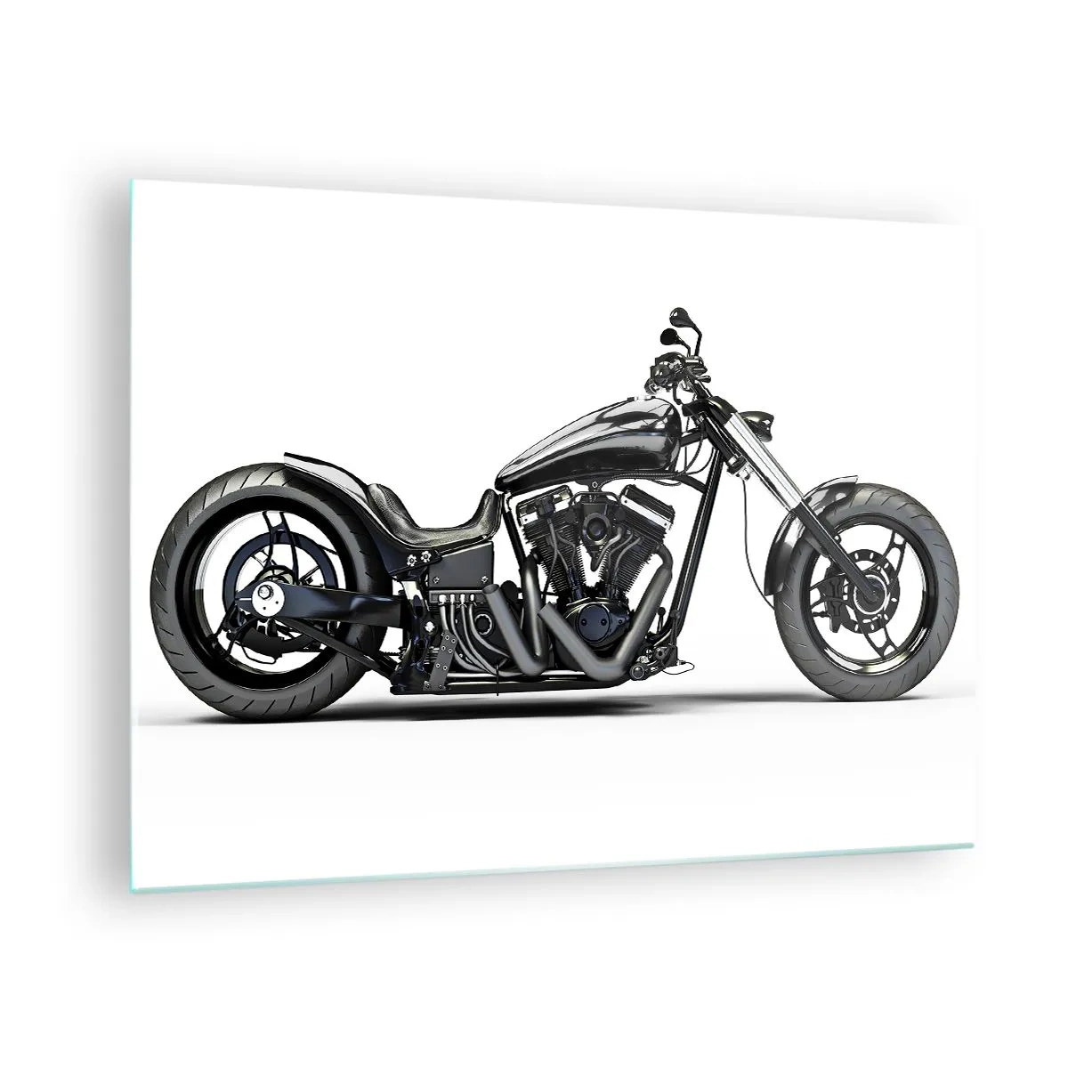 Tablou pe sticlă - Motocicletă personalizată neagră pe fundal alb - 70x50cm - Pentru iubitorii de libertate - Decorațiune modernă pentru perete pentru living și dormitor ARTTOR