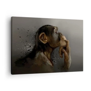 Tablou pe pânză Canvas - Portretul unei maimuțe într-o poză reflexivă pe un fundal gri - 70x50cm - Cu siguranță, gânditorul - Decorațiune modernă pentru perete pentru living și dormitor ARTTOR