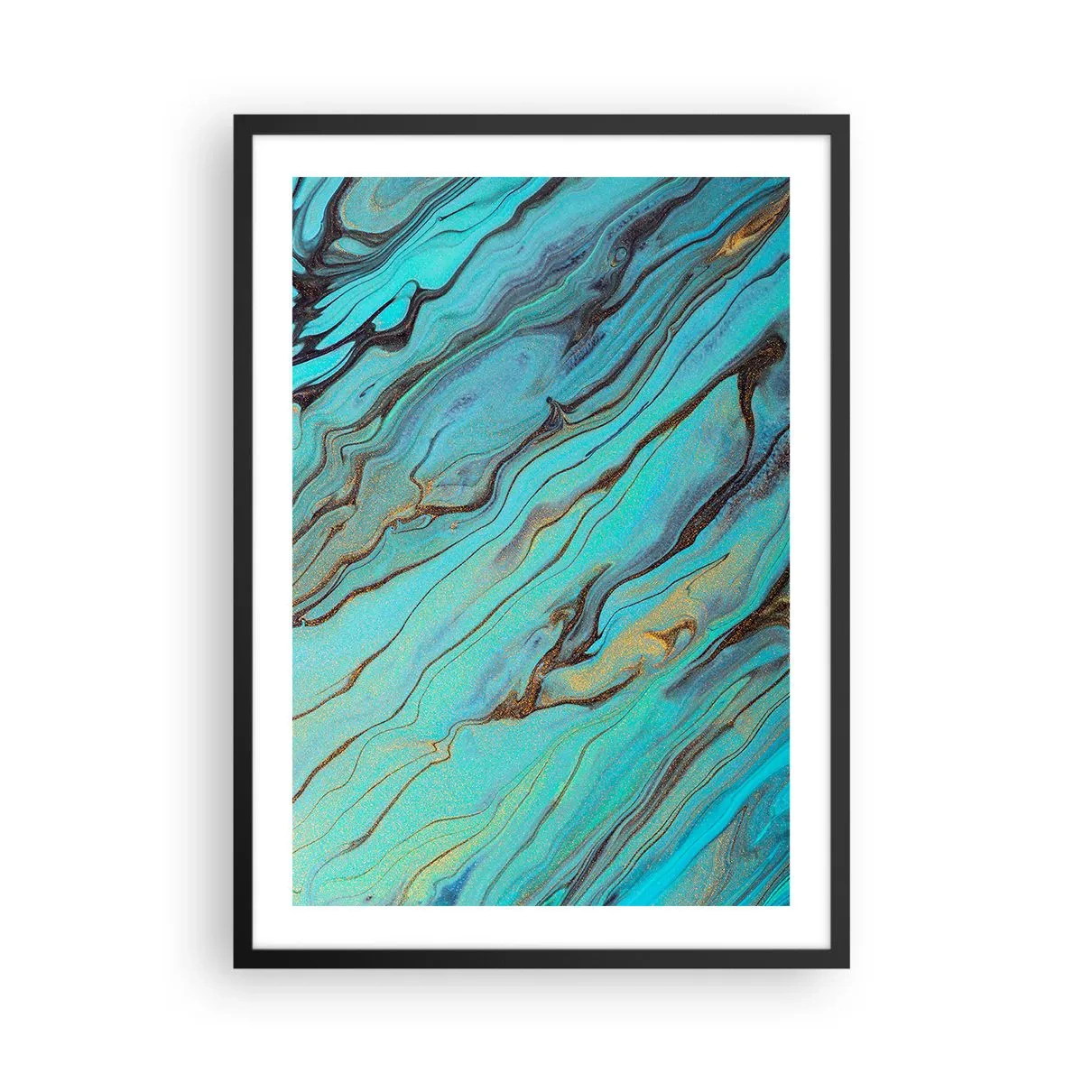 Poster în ramă neagră - Modele abstracte în nuanțe de turcoaz și auriu - 50x70cm - Mareea turcoaz - Decorațiune modernă pentru perete pentru living și dormitor ARTTOR