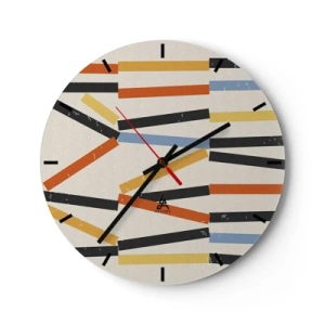 Ceas de perete - Ceas pe sticlă - Dreptunghiuri colorate și negre aranjate orizontal pe un fundal deschis - 30x30cm - Compoziție la nivel - Decorațiune modernă pentru perete pentru living, bucătărie și dormitor ARTTOR