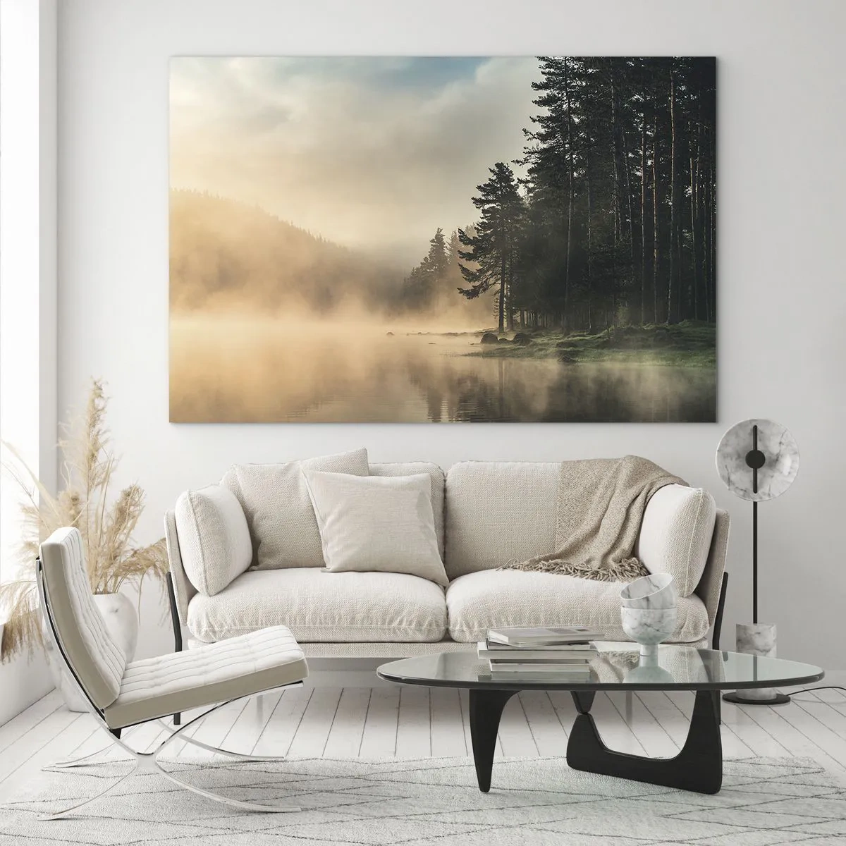 Tablou pe sticlă - O dimineață cețoasă peste un lac de pădure - 70x50cm - Nașterea unei zile - Decorațiune modernă pentru perete pentru living și dormitor ARTTOR