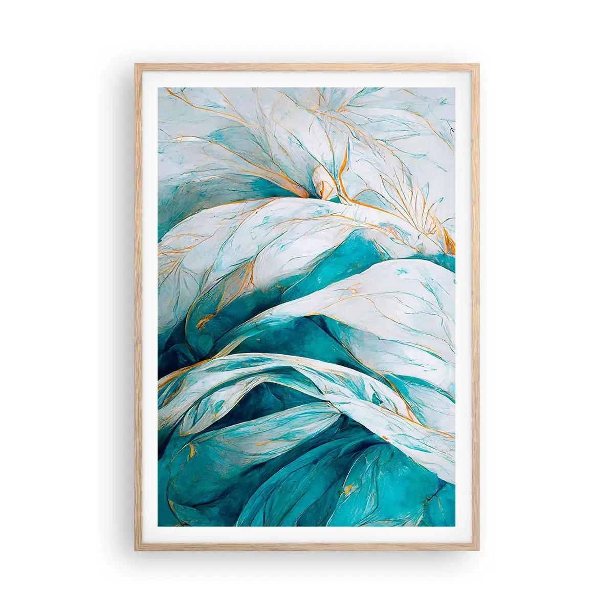 Poster în ramă de stejar deschis - Abstractul albastru cu motiv auriu - 70x100 cm