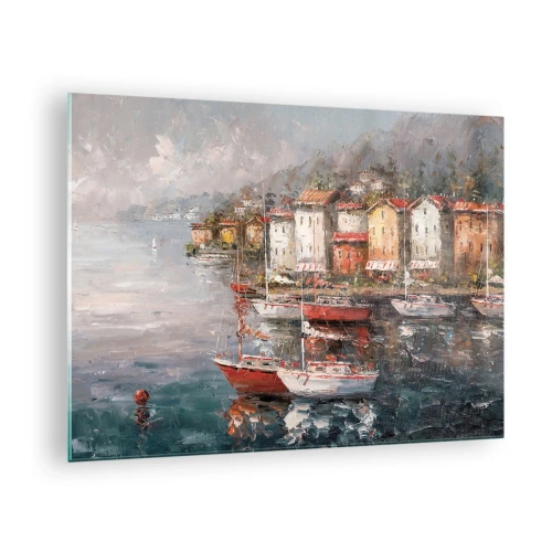 Tablou pe sticlă - Un port pitoresc cu pânze și case colorate - 70x50cm - Portul romantic - Decorațiune modernă pentru perete pentru living și dormitor ARTTOR