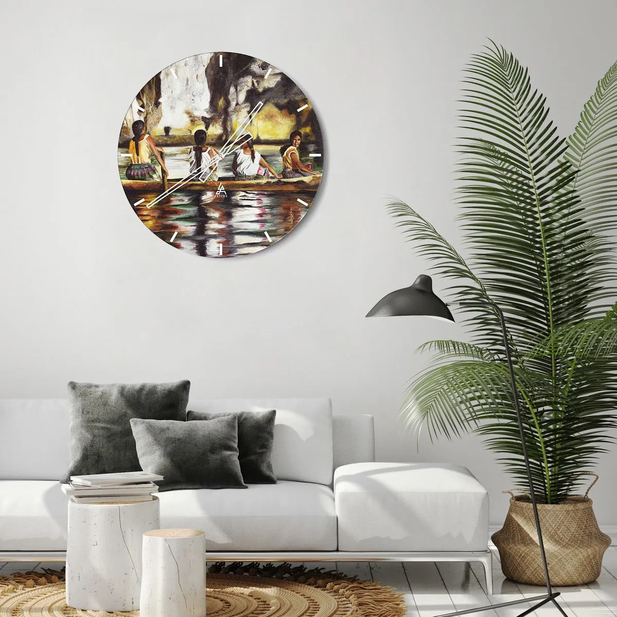 Ceas de perete - Ceas pe sticlă - Femei pe o barcă într-un peisaj tropical cu apă și pietre - 30x30cm - Într-un paradis polinezian - Decorațiune modernă pentru perete pentru living, bucătărie și dormitor ARTTOR