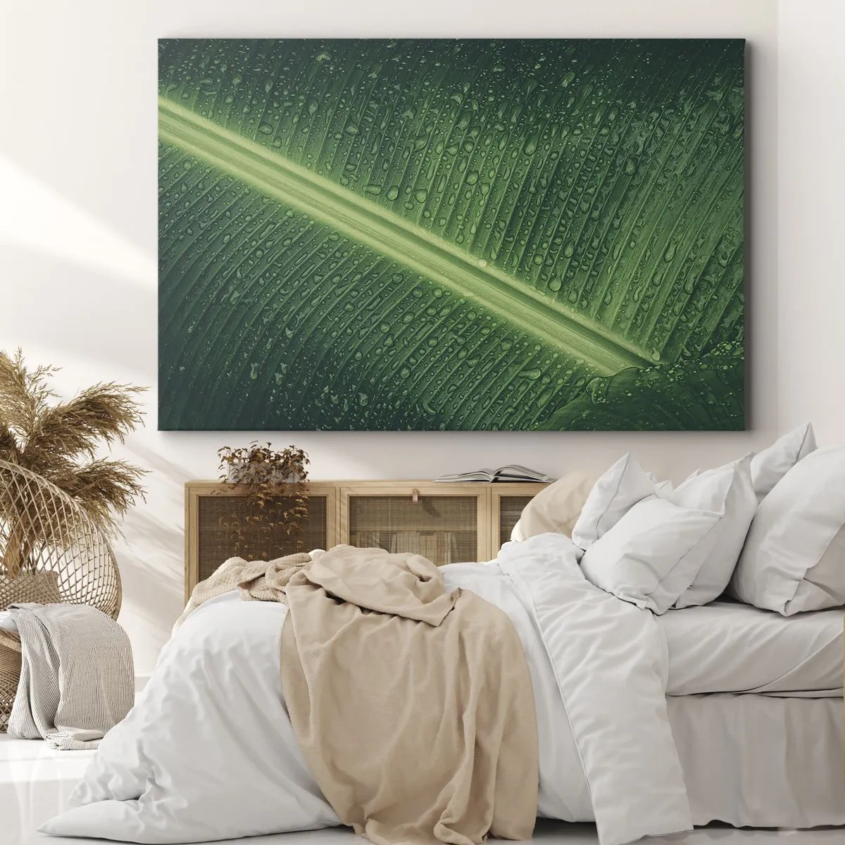 Tablou pe pânză Canvas - O frunză verde cu picături de apă pe suprafața ei - 70x50cm - Structura verdelui - Decorațiune modernă pentru perete pentru living și dormitor ARTTOR