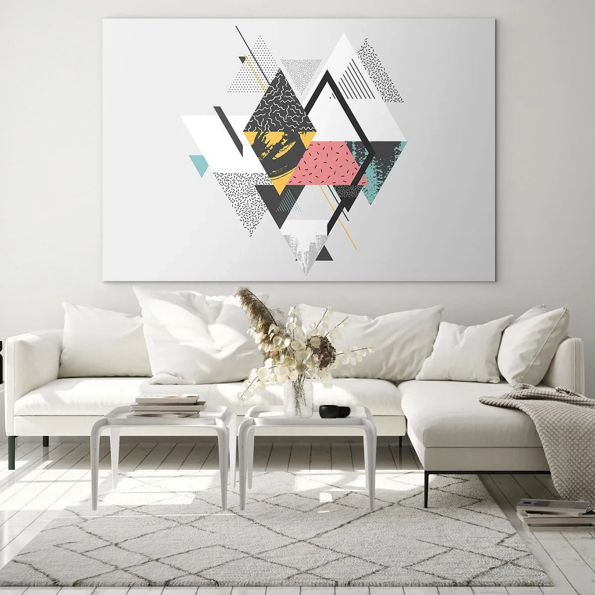 Tablou pe sticlă - Compoziție geometrică abstractă cu triunghiuri și romburi - 70x50cm - Variația triunghiului și a rombului - Decorațiune modernă pentru perete pentru living și dormitor ARTTOR