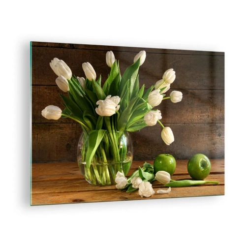 Tablou pe sticlă - O vază cu lalele albe și mere verzi pe o masă de lemn - 70x50cm - Suculente și proaspete în verde și alb - Decorațiune modernă pentru perete pentru living și dormitor ARTTOR