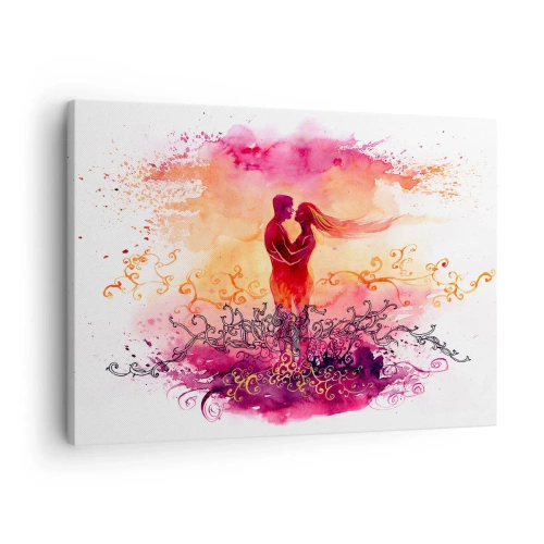 Tablou pe pânză Canvas - Un cuplu îmbrățișat pe un model abstract roz și portocaliu - 70x50cm - De o singură inimă! Am nevoie de atât de puțin.. - Decorațiune modernă pentru perete pentru living și dormitor ARTTOR