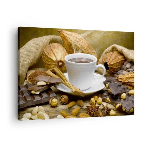 Tablou pe pânză Canvas - O ceașcă de ciocolată caldă înconjurată de cacao și scorțișoară - 70x50cm - Pentru amatorii de senzații tari - Decorațiune modernă pentru perete pentru living și dormitor ARTTOR