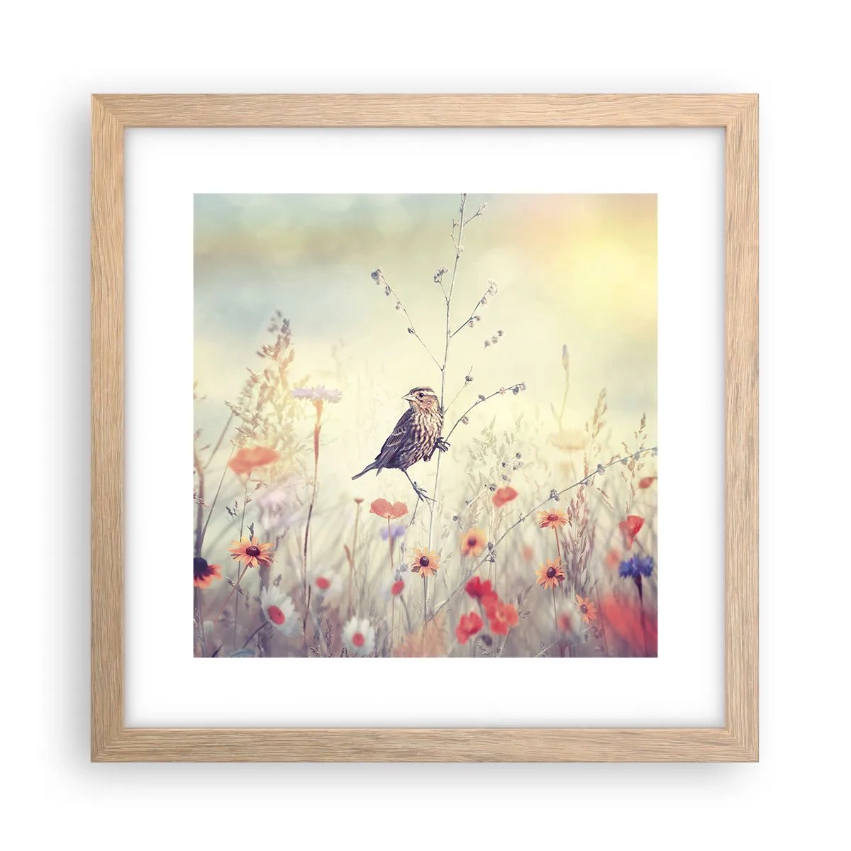 Poster în ramă de stejar deschis - Portret de pasăre cu o pajiște în fundal - 30x30 cm