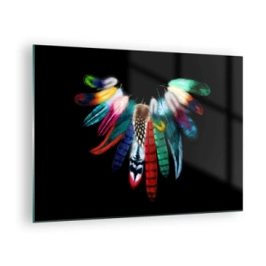 Tablou pe sticlă - Pene colorate aranjate în aripi pe un fundal negru - 70x50cm - Colier indian - Decorațiune modernă pentru perete pentru living și dormitor ARTTOR