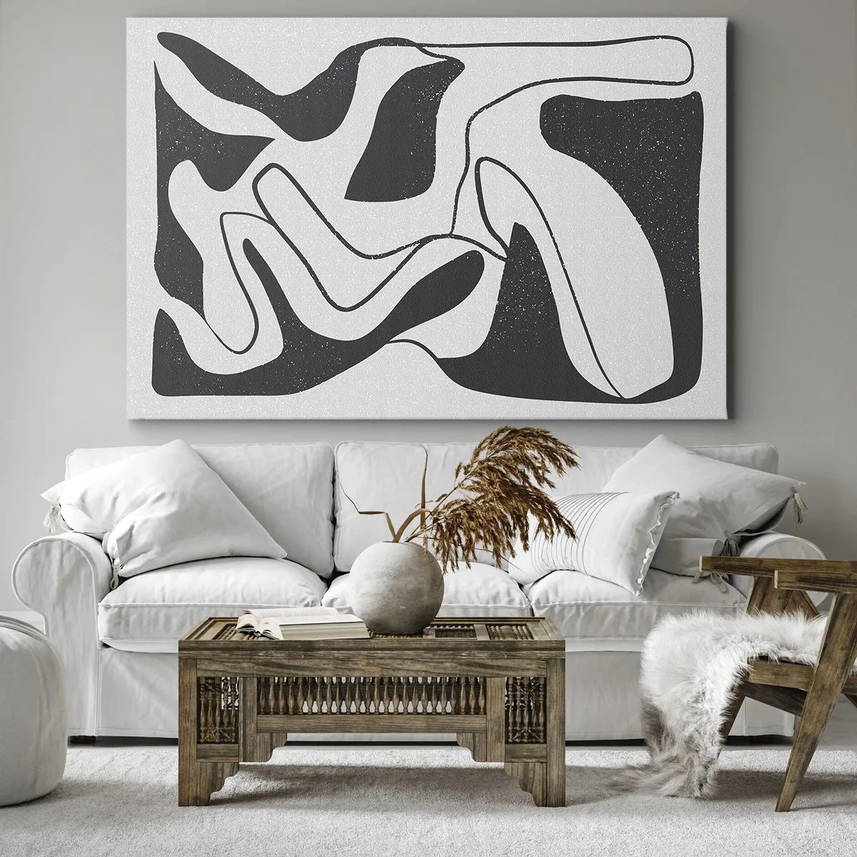 Tablou pe pânză Canvas - Abstracție alb-negru cu forme organice - 70x50cm - Distracție abstractă în labirint - Decorațiune modernă pentru perete pentru living și dormitor ARTTOR