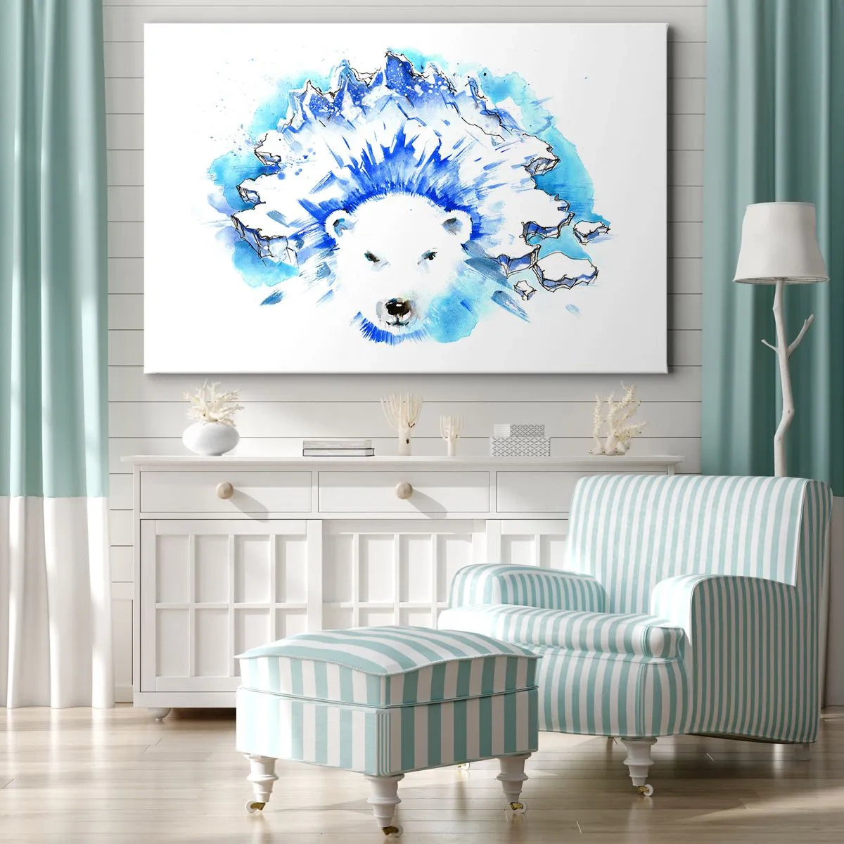 Tablou pe pânză Canvas - Pictură artistică în acuarelă a unui urs polar cu motiv de gheață - 70x50cm - Regele Arcticii într-o coroană de gheață - Decorațiune modernă pentru perete pentru living și dormitor ARTTOR
