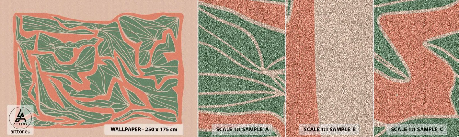 Mostră tapet Premium Sand - Lupta dintre coral și verde - Boho, Pastel, Bucată - 100x30 cm