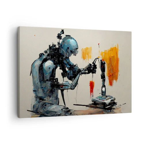 Tablou pe pânză Canvas - Robot la lucru cu fundal abstract - 70x50cm - Vine ziua de mâine..... - Decorațiune modernă pentru perete pentru living și dormitor ARTTOR