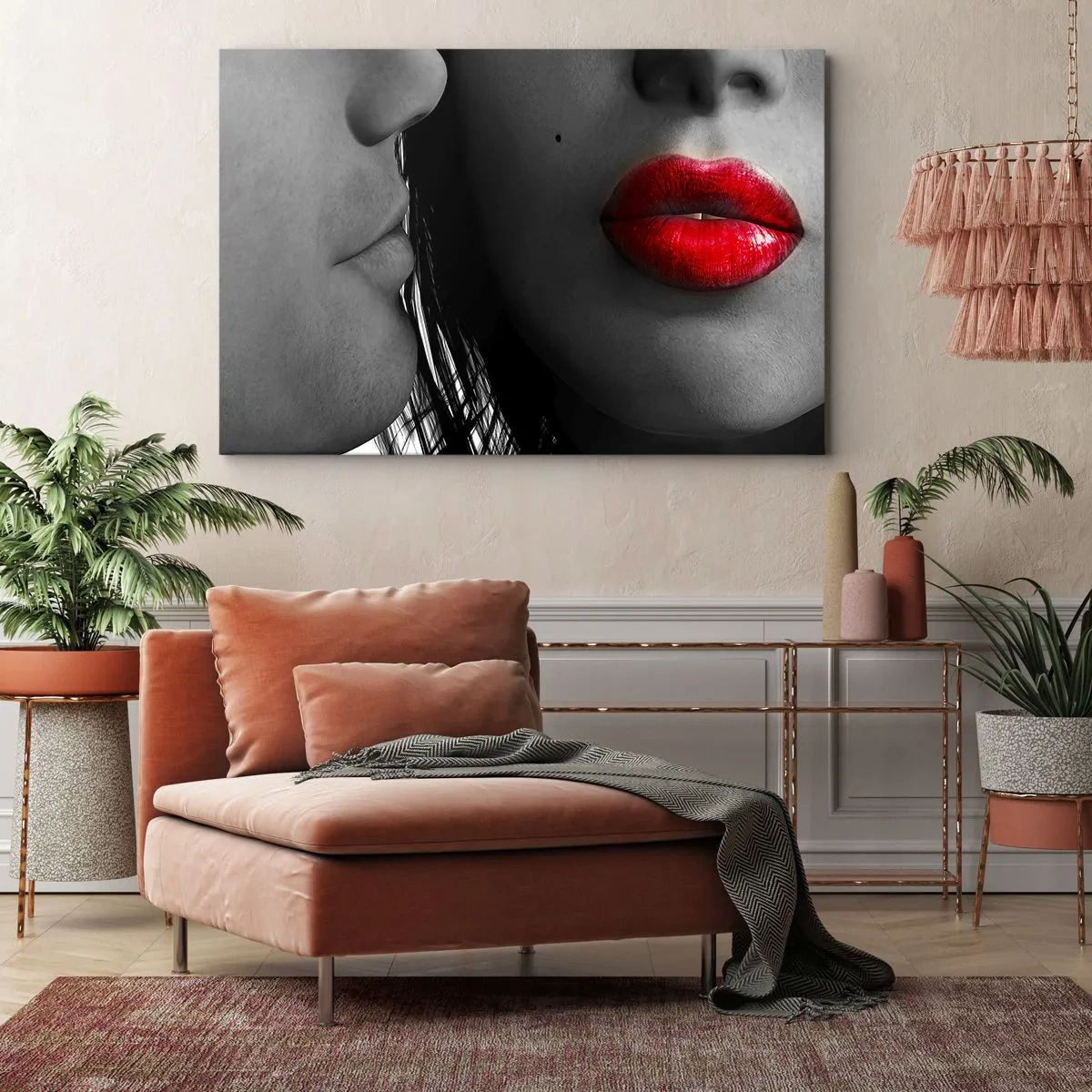Tablou pe pânză Canvas - Prim-plan al fețelor unei femei și ale unui bărbat cu buze roșii. - 70x50cm - Față în față  - Decorațiune modernă pentru perete pentru living și dormitor ARTTOR