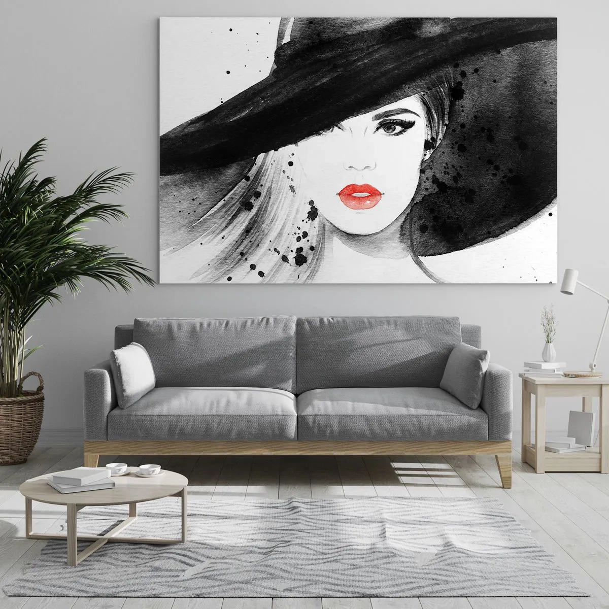 Tablou pe sticlă - Portretul unei femei cu o pălărie neagră și buze roșii - 70x50cm - Doamna în negru - Decorațiune modernă pentru perete pentru living și dormitor ARTTOR