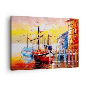 Tablou pe pânză Canvas - Port pitoresc la apus cu bărci de pescuit - 70x50cm - Întoarcere fericită - Decorațiune modernă pentru perete pentru living și dormitor ARTTOR