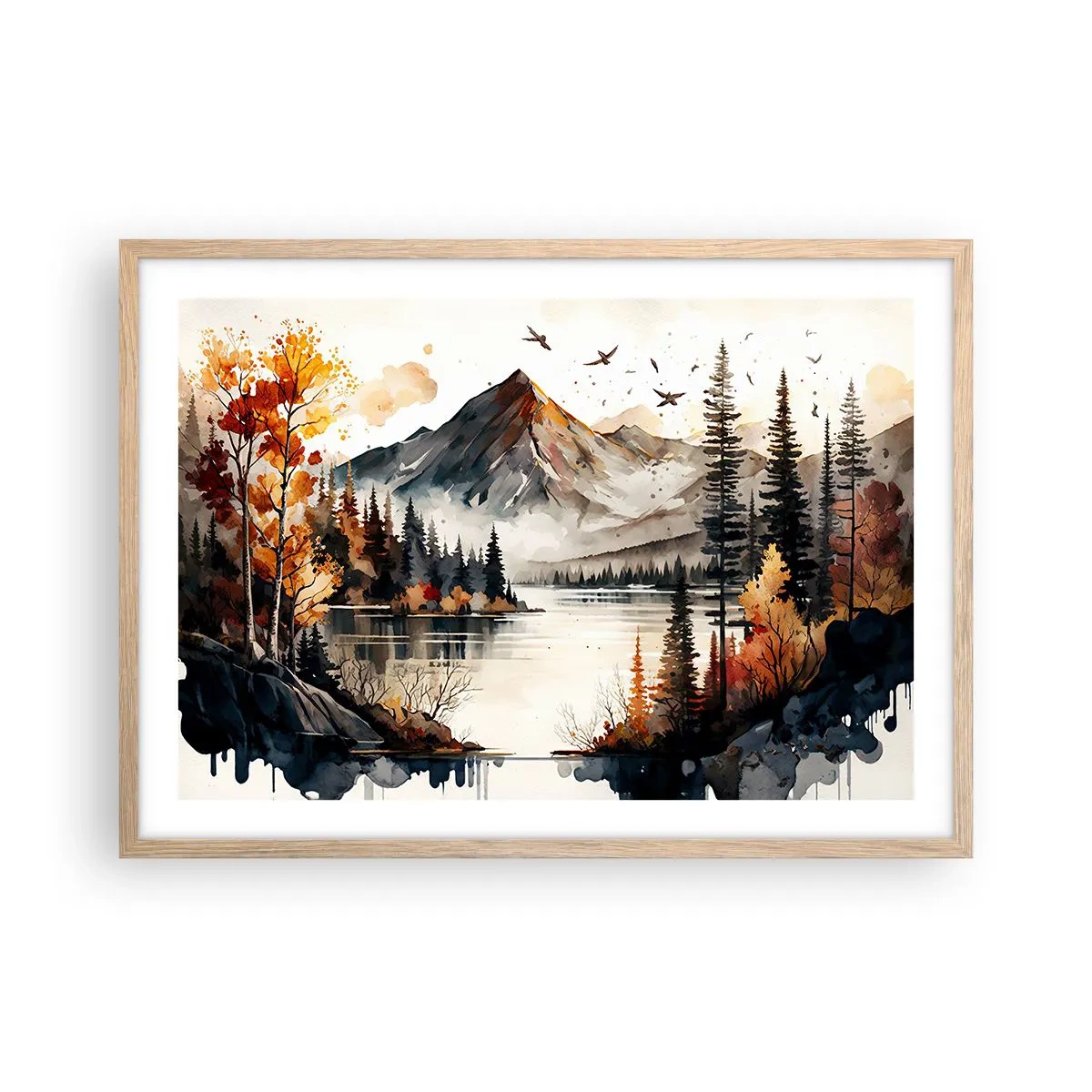 Poster în ramă de stejar deschis - Toamna de aur în munți - 70x50 cm