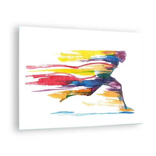 Tablou pe sticlă - Siluetă abstractă a unui alergător în culori dinamice - 70x50cm - Alergând peste curcubeu - Decorațiune modernă pentru perete pentru living și dormitor ARTTOR