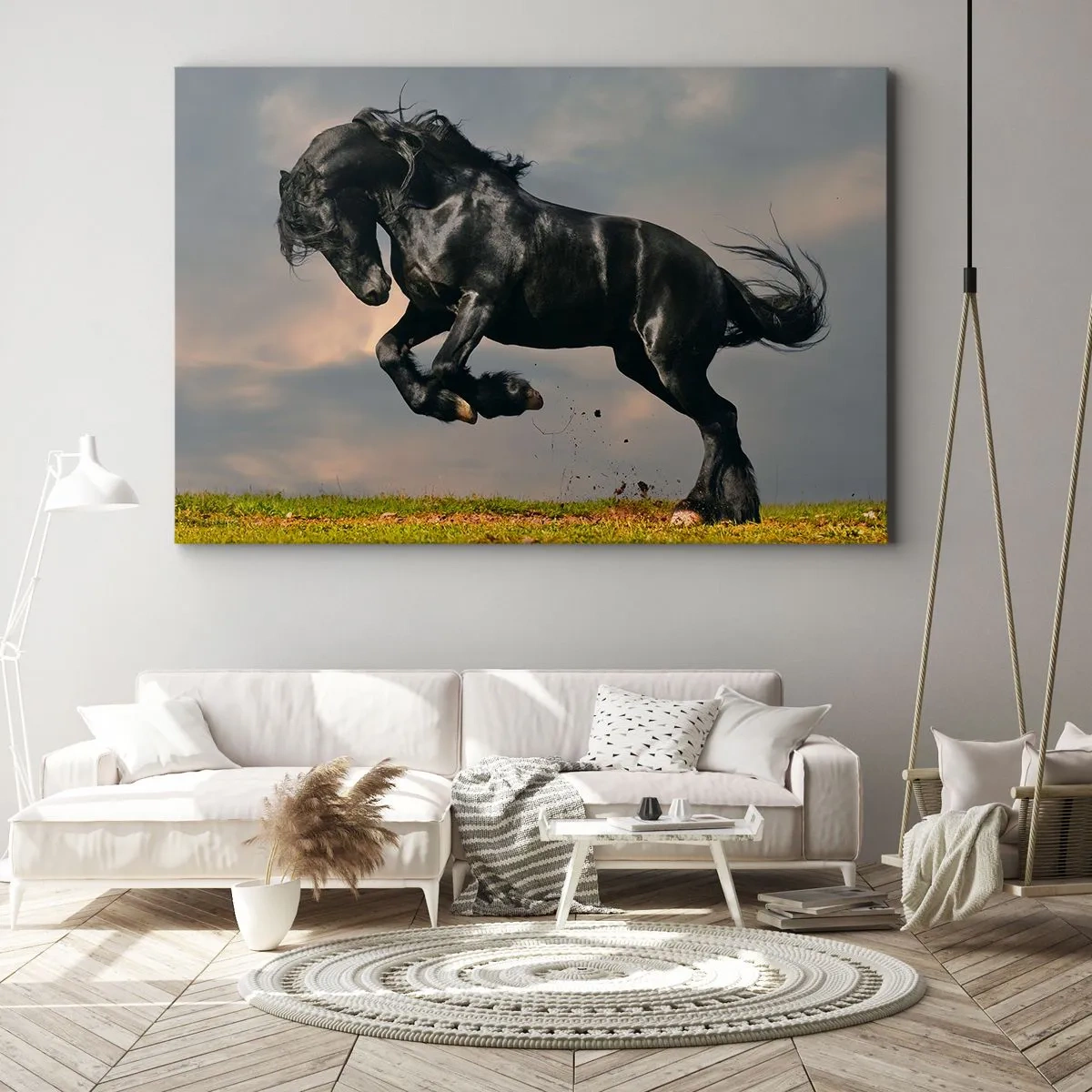 Tablou pe pânză Canvas - Un cal negru într-un salt dinamic pe cer - 70x50cm - Frumos și liber - Decorațiune modernă pentru perete pentru living și dormitor ARTTOR