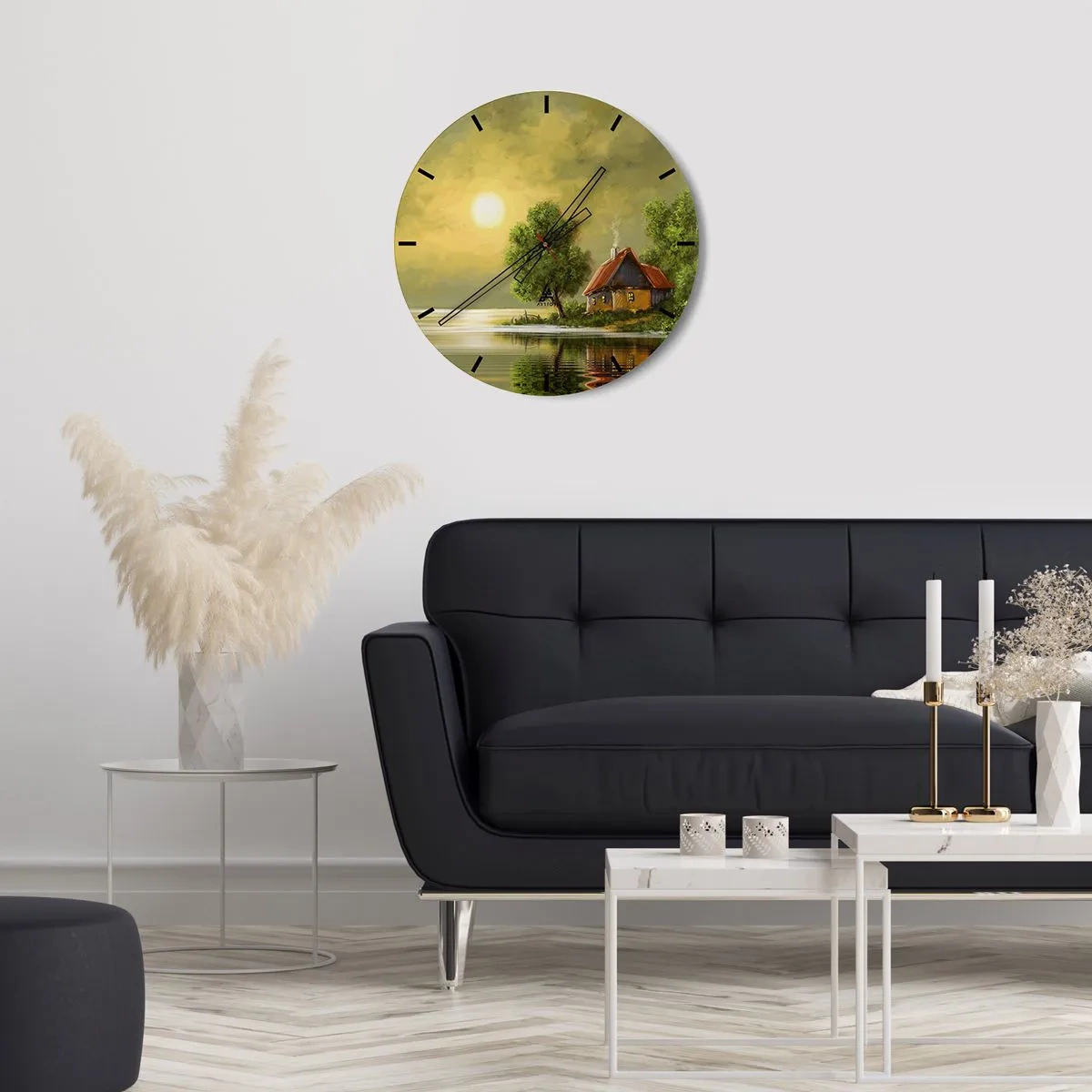 Ceas de perete - Ceas pe sticlă - O căsuță fermecătoare pe malul lacului, înconjurată de verdeață la apus - 30x30cm - Frumos, ca dintr-o imagine - Decorațiune modernă pentru perete pentru living, bucătărie și dormitor ARTTOR