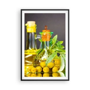 Poster în ramă neagră - Natură moarte cu măsline și ulei - 61x91 cm