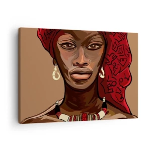 Tablou pe pânză Canvas - Portretul unei femei cu turban roșu pe fundal bej - 70x50cm - Venus din abanos - Decorațiune modernă pentru perete pentru living și dormitor ARTTOR
