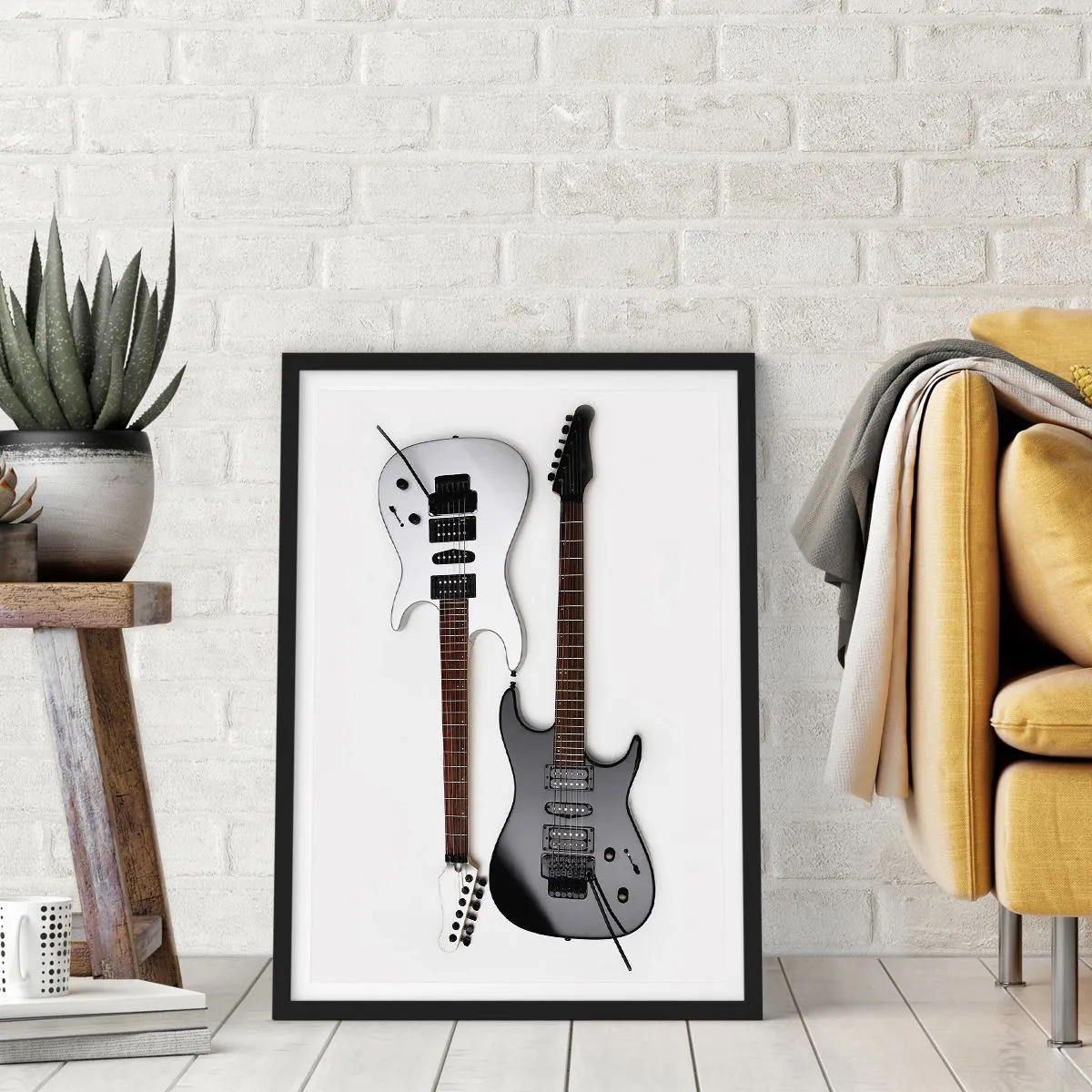 Poster în ramă neagră - Chitare electrice moderne pe fundal alb - 50x70cm - Armonie de forme - Decorațiune modernă pentru perete pentru living și dormitor ARTTOR