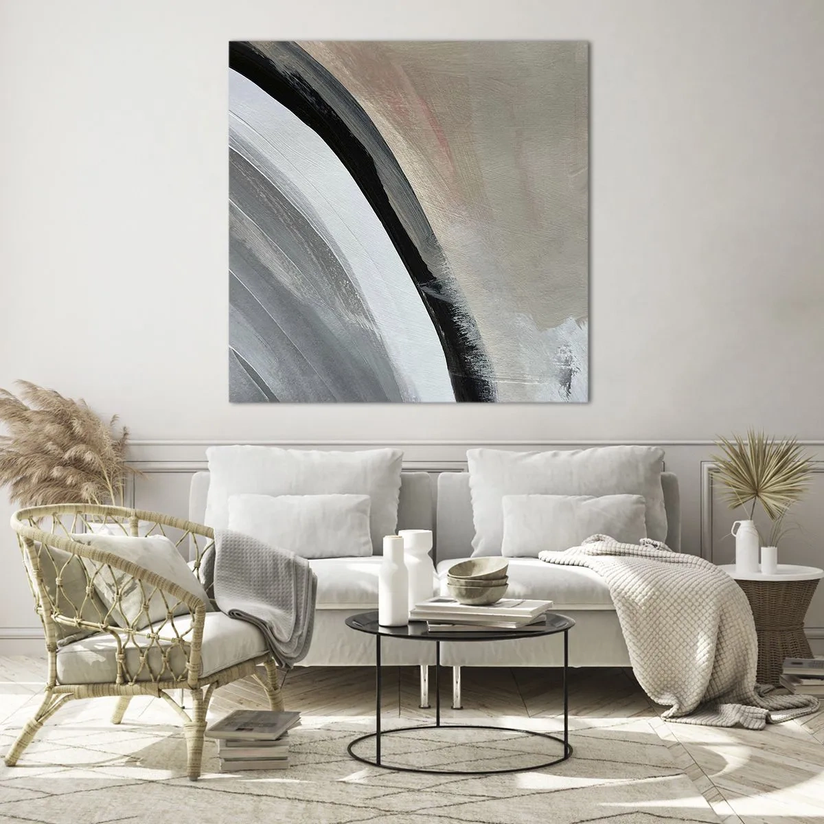 Tablou pe sticlă - Compoziție: arc de negru și gri - 60x60 cm