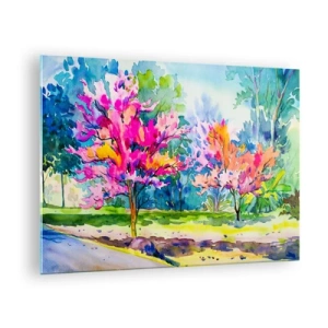 Tablou pe sticlă - Copaci colorați în parc pictați în tehnica acuarelei - 70x50cm - Grădina curcubeului în splendoarea primăverii - Decorațiune modernă pentru perete pentru living și dormitor ARTTOR