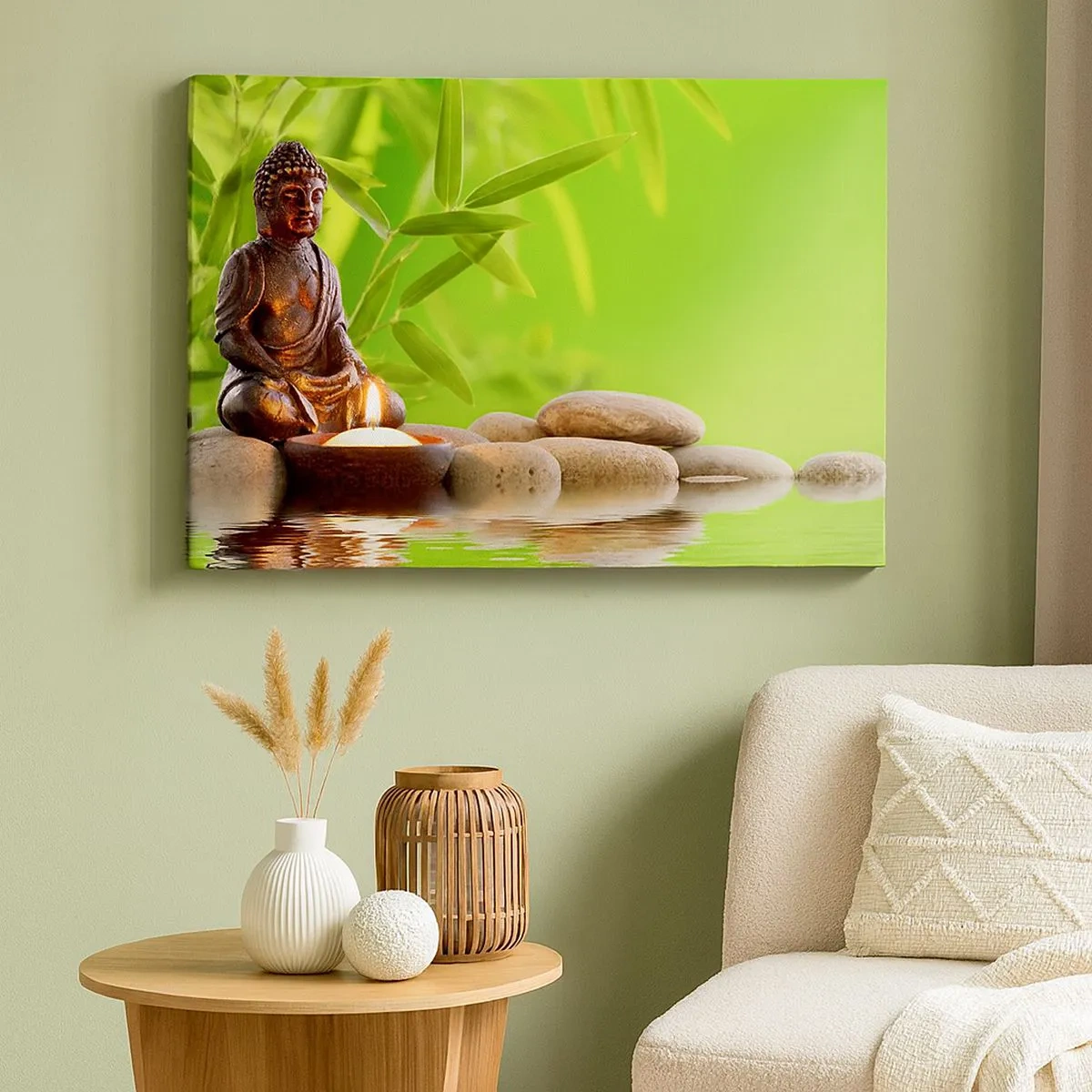 Tablou pe pânză Canvas - Figură de Buddha cu pietre și o lumânare pe un fundal de bambus - 70x50cm - Viața este frumoasă - Decorațiune modernă pentru perete pentru living și dormitor ARTTOR
