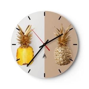 Ceas de perete - Ceas pe sticlă - Un ananas auriu și secțiunea sa transversală pe un fundal bicolor - 30x30cm - Ananas de împărțit - Decorațiune modernă pentru perete pentru living, bucătărie și dormitor ARTTOR