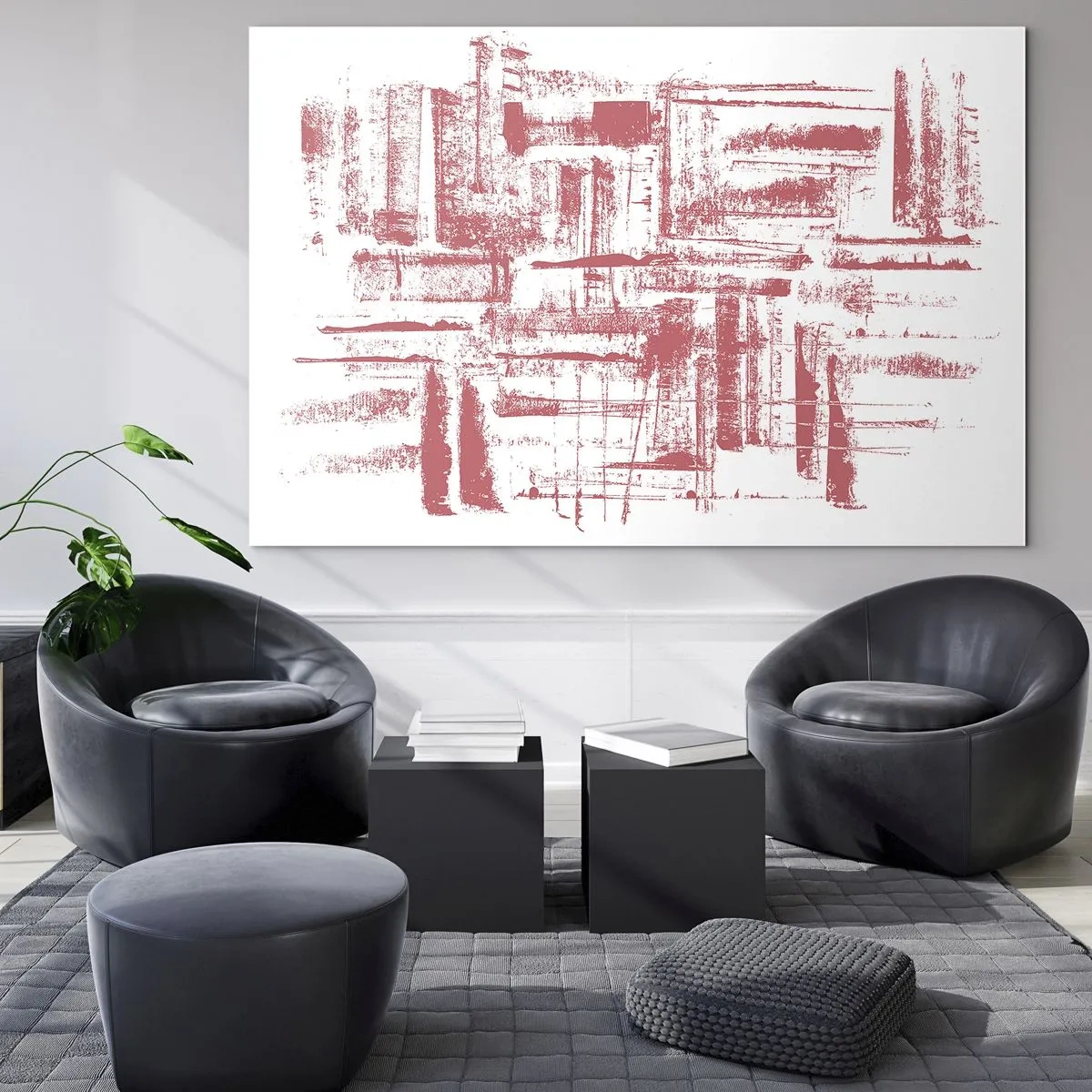 Tablou pe sticlă - O compoziție abstractă în roșu care seamănă cu conturul arhitecturii urbane. - 70x50cm - Orașul roșu - Decorațiune modernă pentru perete pentru living și dormitor ARTTOR