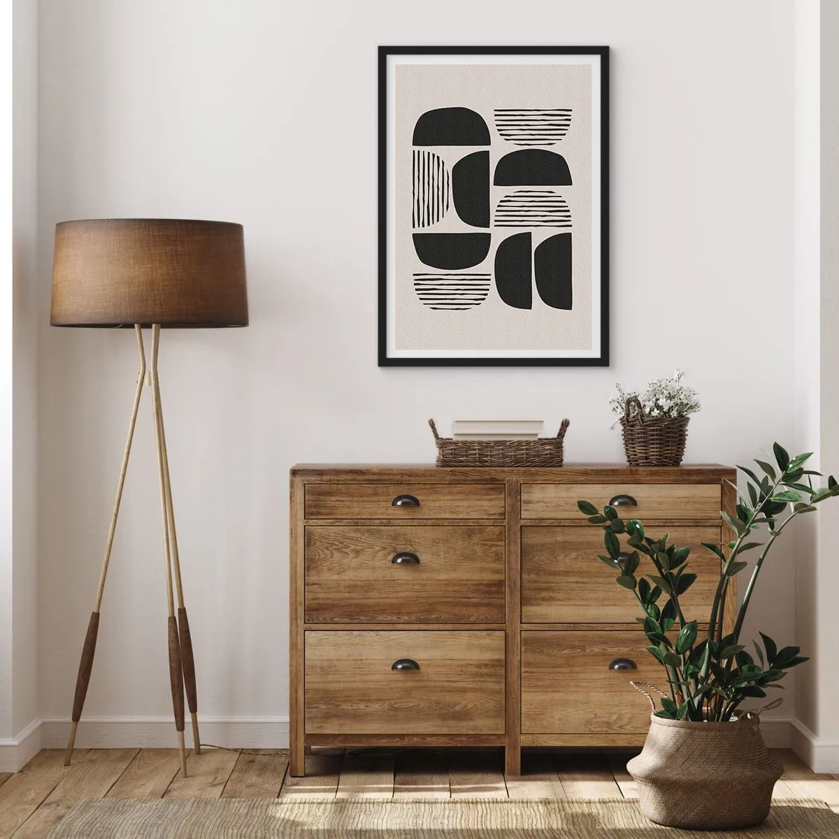 Poster în ramă neagră - Abstracție geometrică cu forme și linii negre - 50x70cm - Jumătăți necomplete - Decorațiune modernă pentru perete pentru living și dormitor ARTTOR
