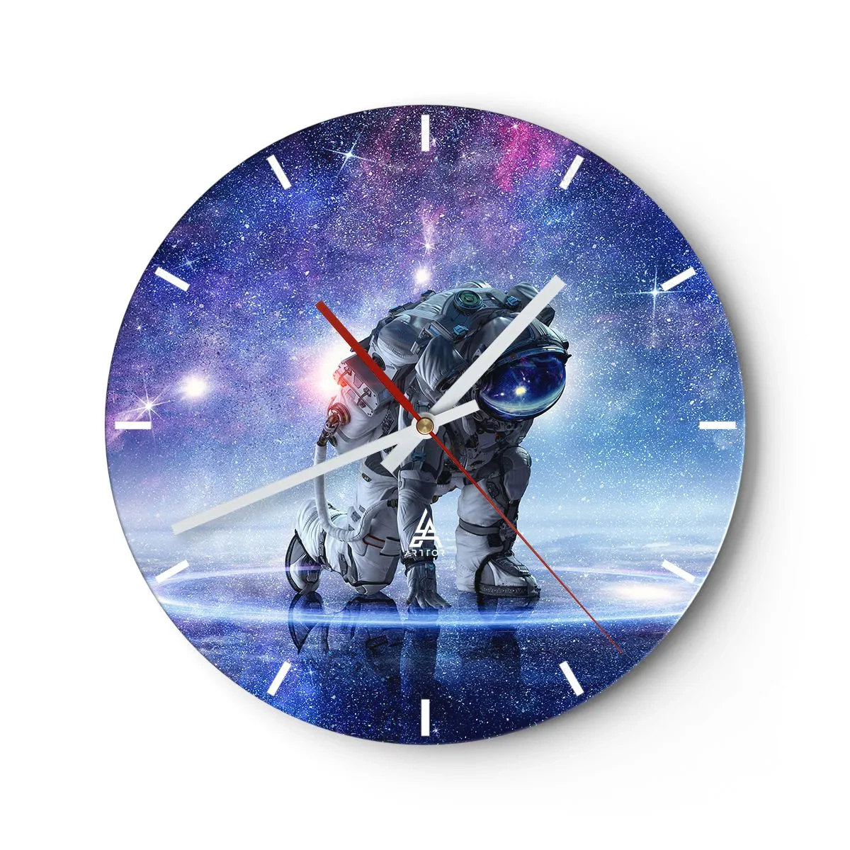 Ceas de perete - Ceas pe sticlă - Un astronaut pe fundalul unei galaxii cosmice în culori intense. - 30x30cm - Cerul înstelat de deasupra mea - Decorațiune modernă pentru perete pentru living, bucătărie și dormitor ARTTOR